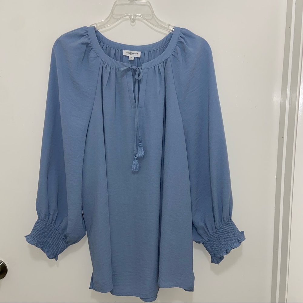 Westbound Blue Blouse with Tie Front Tassels and Ruffled Sleeves